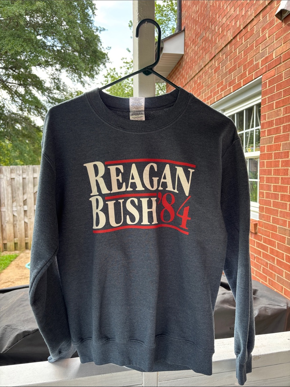 Gildan Black Crewneck Sweatshirt with Cream and Red Reagan Bush '84 Graphic